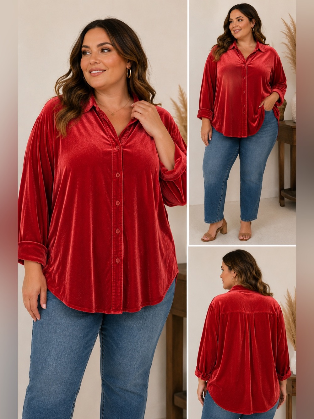 Soft Surroundings Crimson Velvet Button-Up Blouse